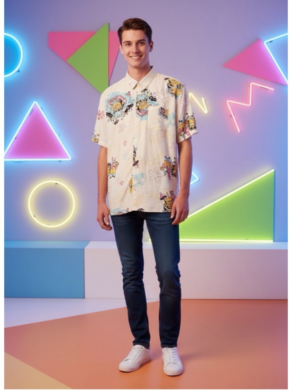 Nickelodeon SpongeBob SquarePants Mens All Over Print Hawaiian Button-Down Shirt